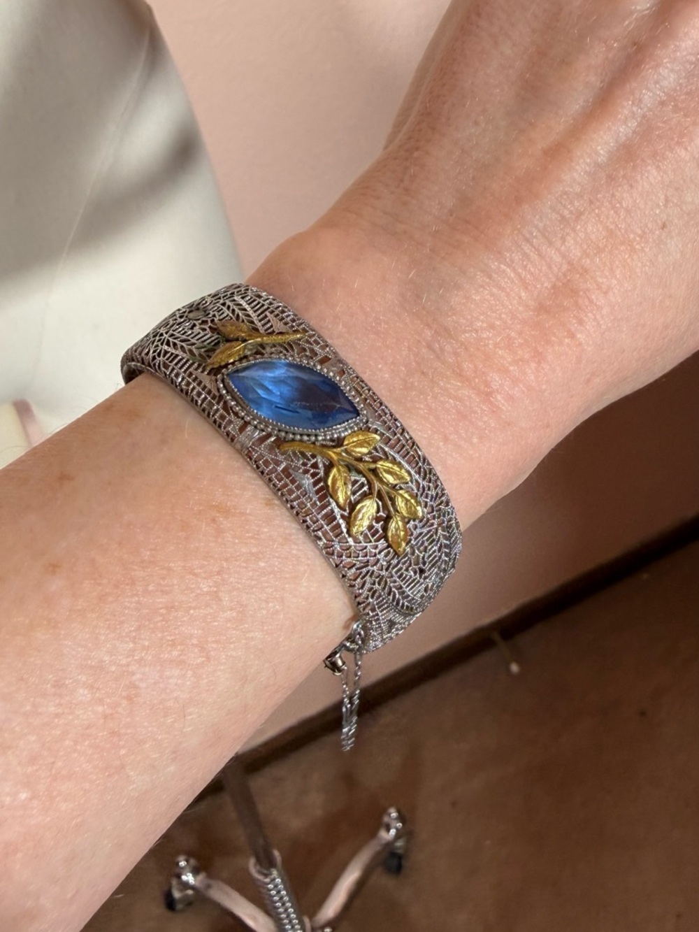 Antique 1920’s Art deco Silver Filagree Pale blue Marquee Glass Wide Bracelet - Picture 16 of 17